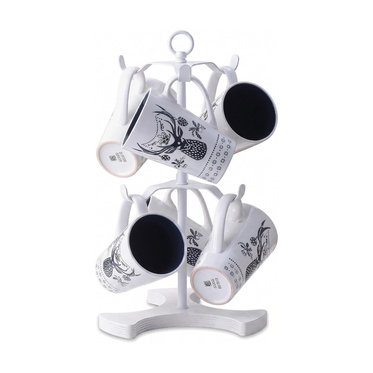 2-Tier White Coffee Mug Holder for Countertop, Mug Tree with 6 Spaced Hooks for Large Mugs, Metal Coffee Cup Rack with