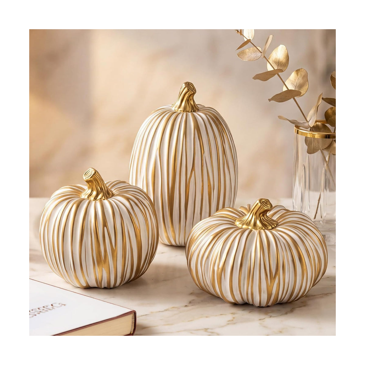 Fall Pumpkin Decor, 3 Pcs White and Gold Resin Pumpkin Decorations for Home