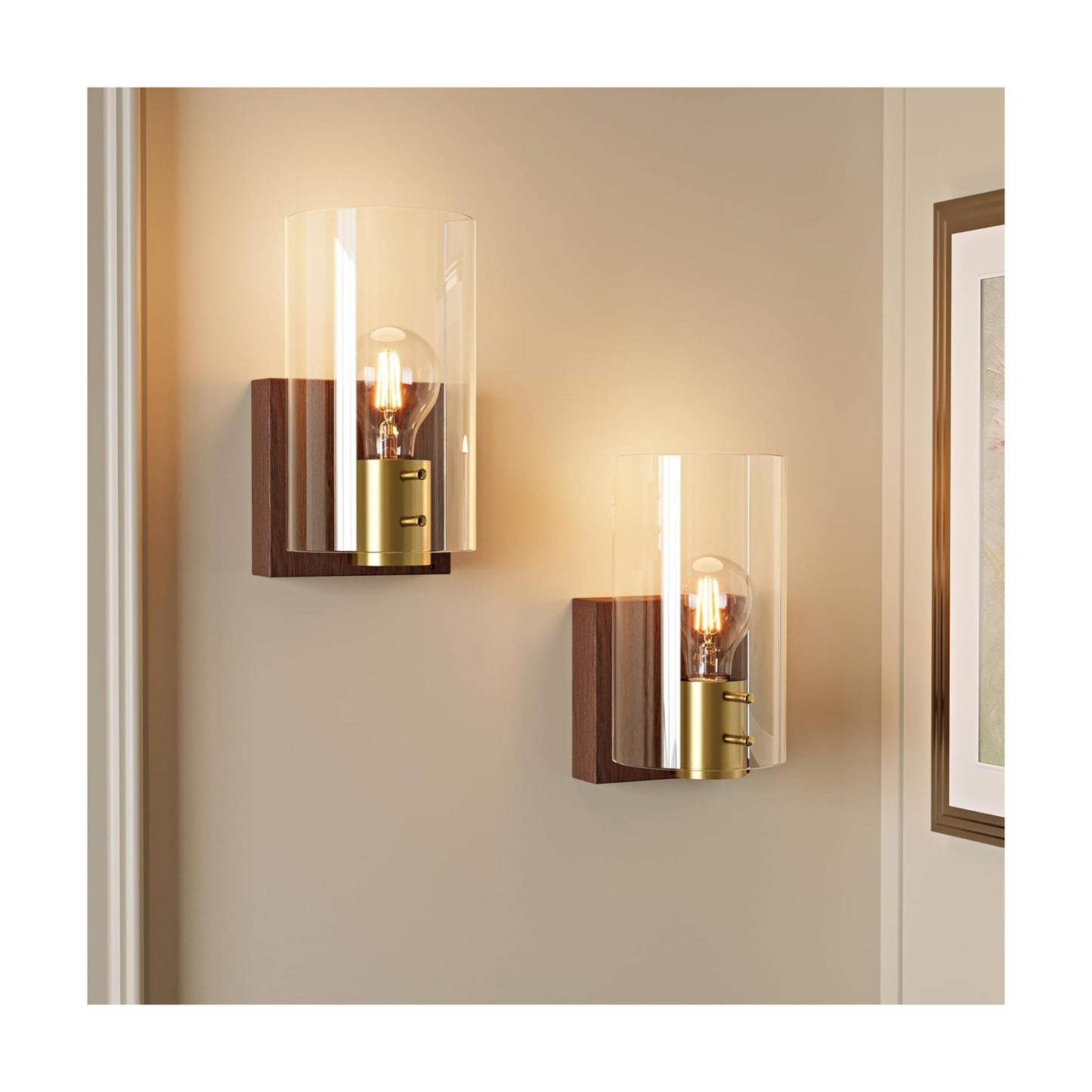 Modern Walnut Gold Battery Operated Wireless Wall Sconces Set of Two | Dimmable Rechargeable Wall Sconce with Remote