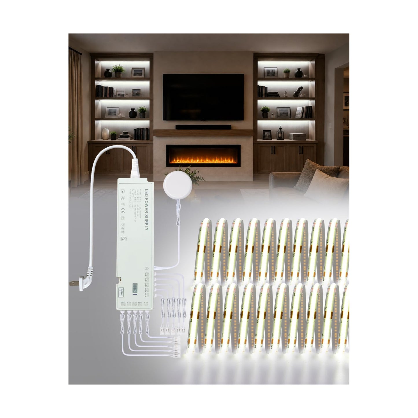 JUSJUBR Display Cabinet Lights, 32.8ft 24V Dimmable Cuttable COB LED Strip Lights, Cold White 6000K, Under Cabinet