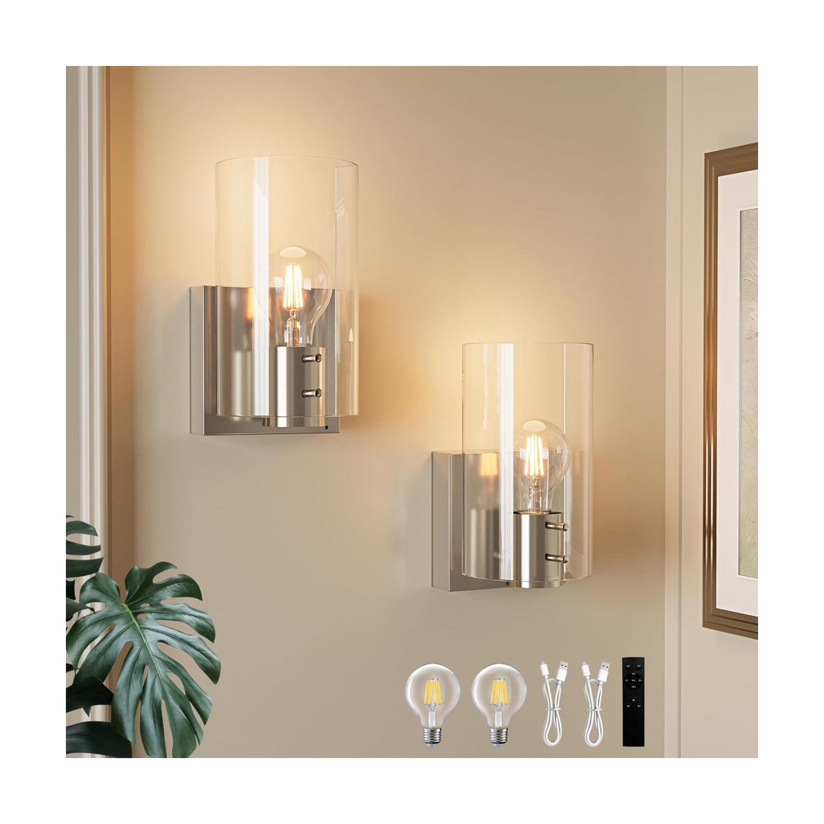 Morauroral Sand-Nickel Battery Operated Wireless Wall Sconces Set of Two | Dimmable Rechargeable Wall Sconce with
