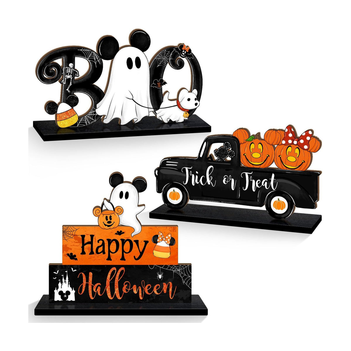 3 Pieces Halloween Table Signs Decorations, Pumpkins Ghost Truck BOO Table Centerpiece Wooden Sign, Halloween Tabletop Home Decor for Party Indoor Tiered Tray