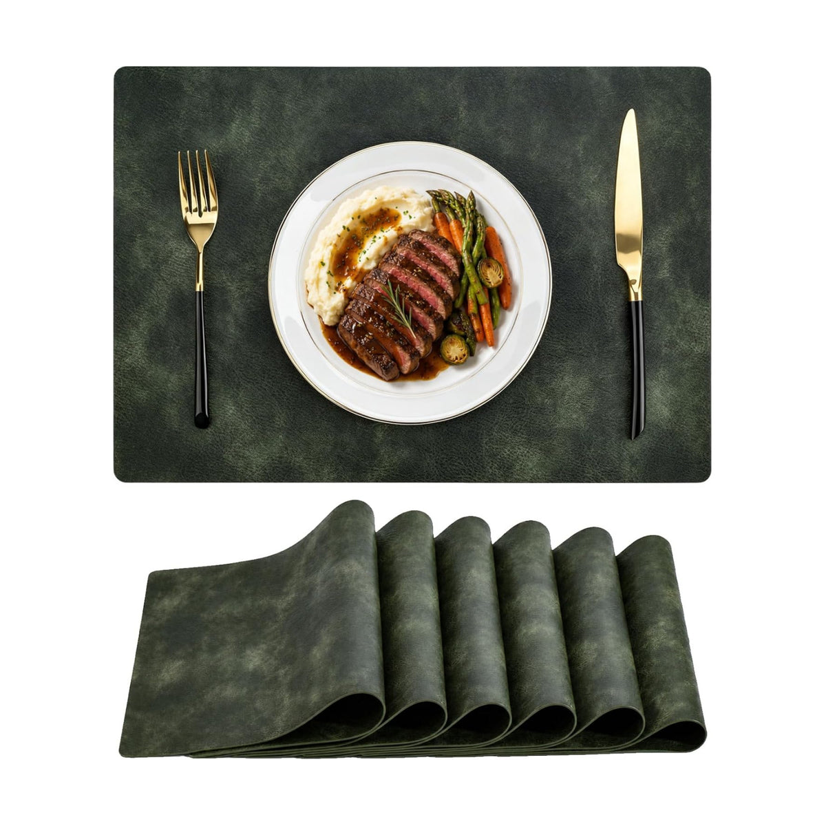 Bacgnyer Placemats Set of 6, Faux Leather Wipeable Washable, Olive Green 6 | Heat Stain Scratch Resistant Non-Slip
