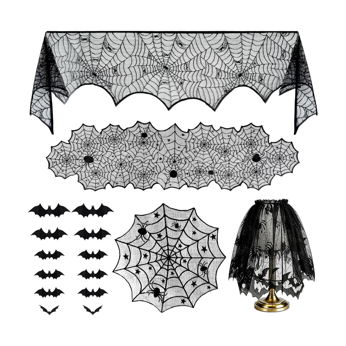 5-in-1 Halloween Decorations Kit, Black Lace Spiderweb Tablecloth, Bats Set