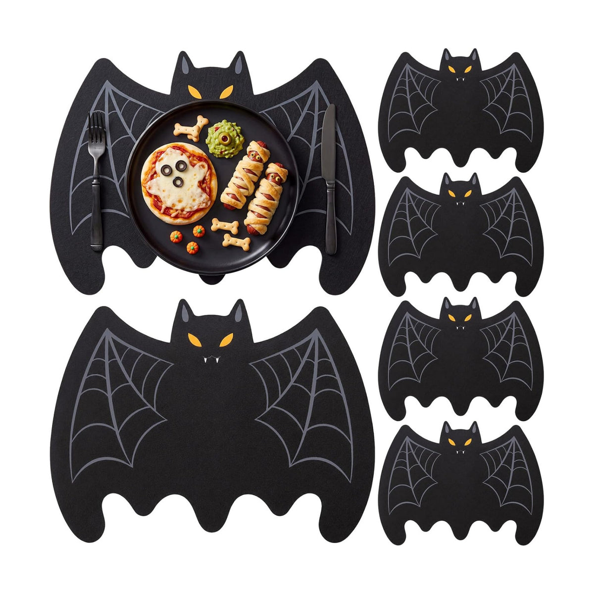 Remerry Set of 6 Halloween Bat Placemats Leather,Large Bat,Black
