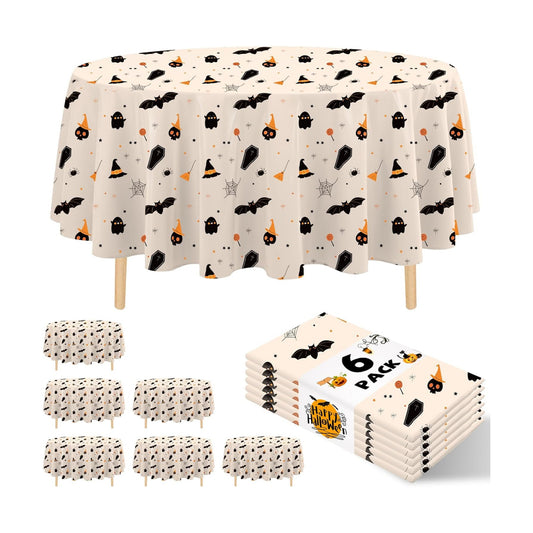 6 Pack Halloween Tablecloth, 84" Round Plastic Bat Ghost Table Cloth Large Size Round Halloween Table Covers for Home Decor Halloween Party Decorations