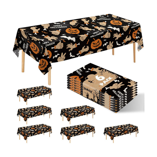 6 Pack Halloween Tablecloth, 54" x 108"Disposable Plastic Table Cloths Cute Pumpkin Ghost Hand Halloween Table Covers for Home Decor Halloween Party Decorations