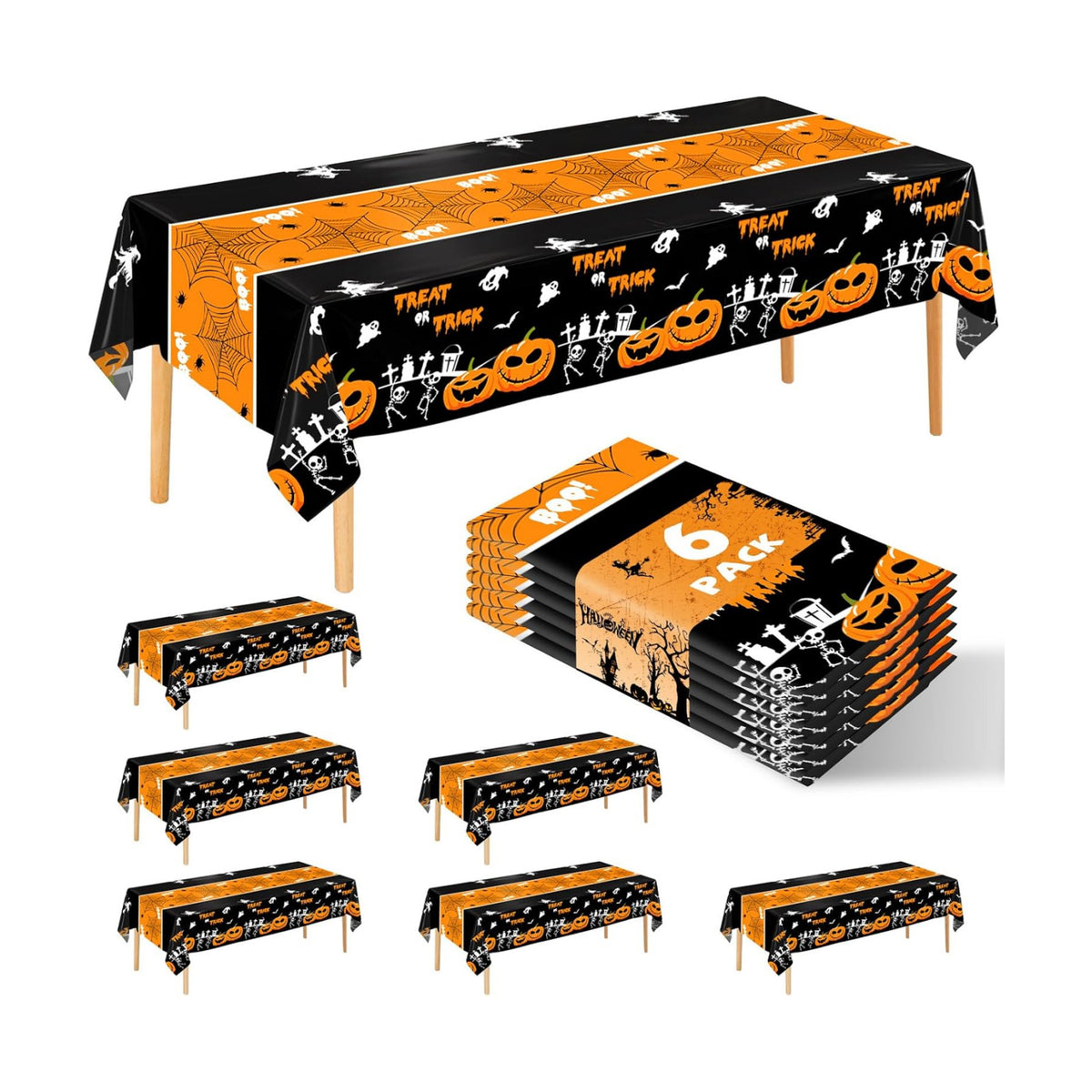 6 Pack Halloween Tablecloth, 54" x 108"Disposable Plastic Table Cloths Cute Pumpkin Ghost Halloween Table Covers for Home Decor Halloween Party Decorations