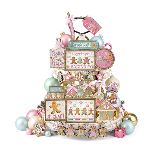 Shellwei 24pcs Pink Christmas Tiered Tray Decor Set Rustic Gingerbread Sign