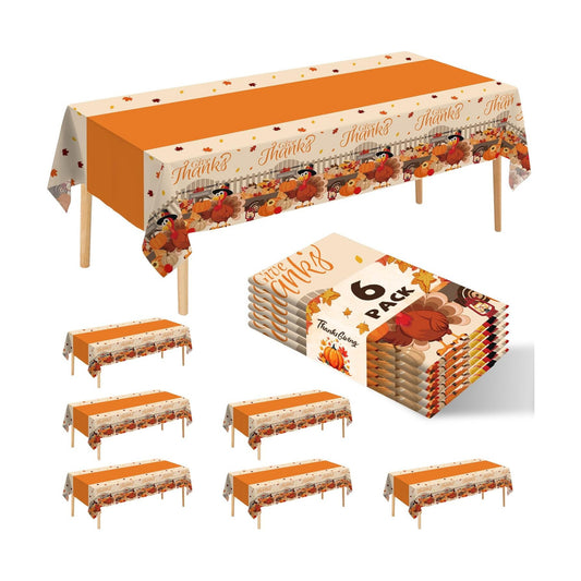 6 Pack Thanksgiving Turkey Disposable Plastic Tablecloth 54" x 108" Autumn Party Table Cloths Disposable for Thanksgiving Party Decorations Indoor or Outdoor Birthdays Buffet Table
