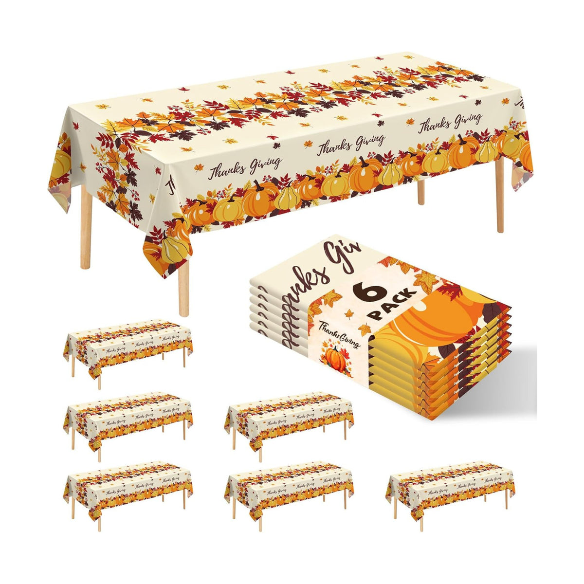 6 Pack Thanksgiving Pumpkin Disposable Plastic Tablecloth 54" x 108" Autumn Party Table Cloths Disposable for Thanksgiving Party Decorations Indoor or Outdoor Birthdays Buffet Table
