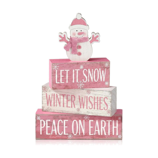 Colingmill 4 Pcs Pink Snowman Christmas Table Decor Winter Wooden Snowman