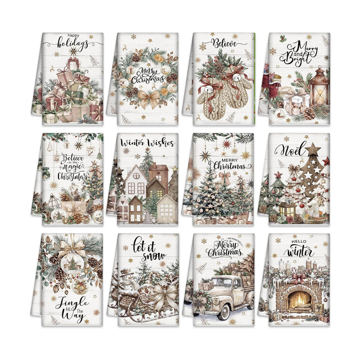 VitalCozy 12 Pcs Christmas Kitchen Towels, Watercolor Tree Truck Dishcloths