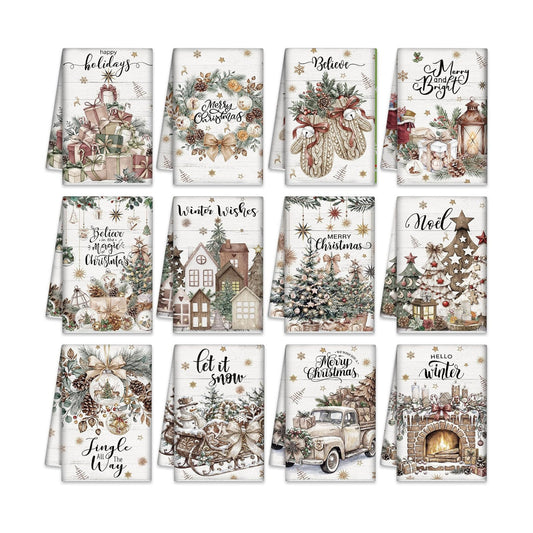 VitalCozy 12 Pcs Christmas Kitchen Towels, Watercolor Tree Truck Dishcloths