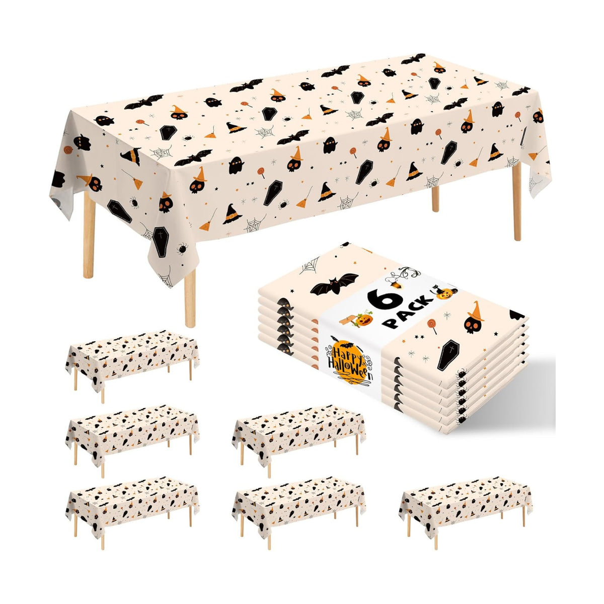 6 Pack Halloween Tablecloth, 54" x 108"Disposable Plastic Table Cloths Cute Ghost Halloween Table Covers for Home Decor Halloween Party Decorations