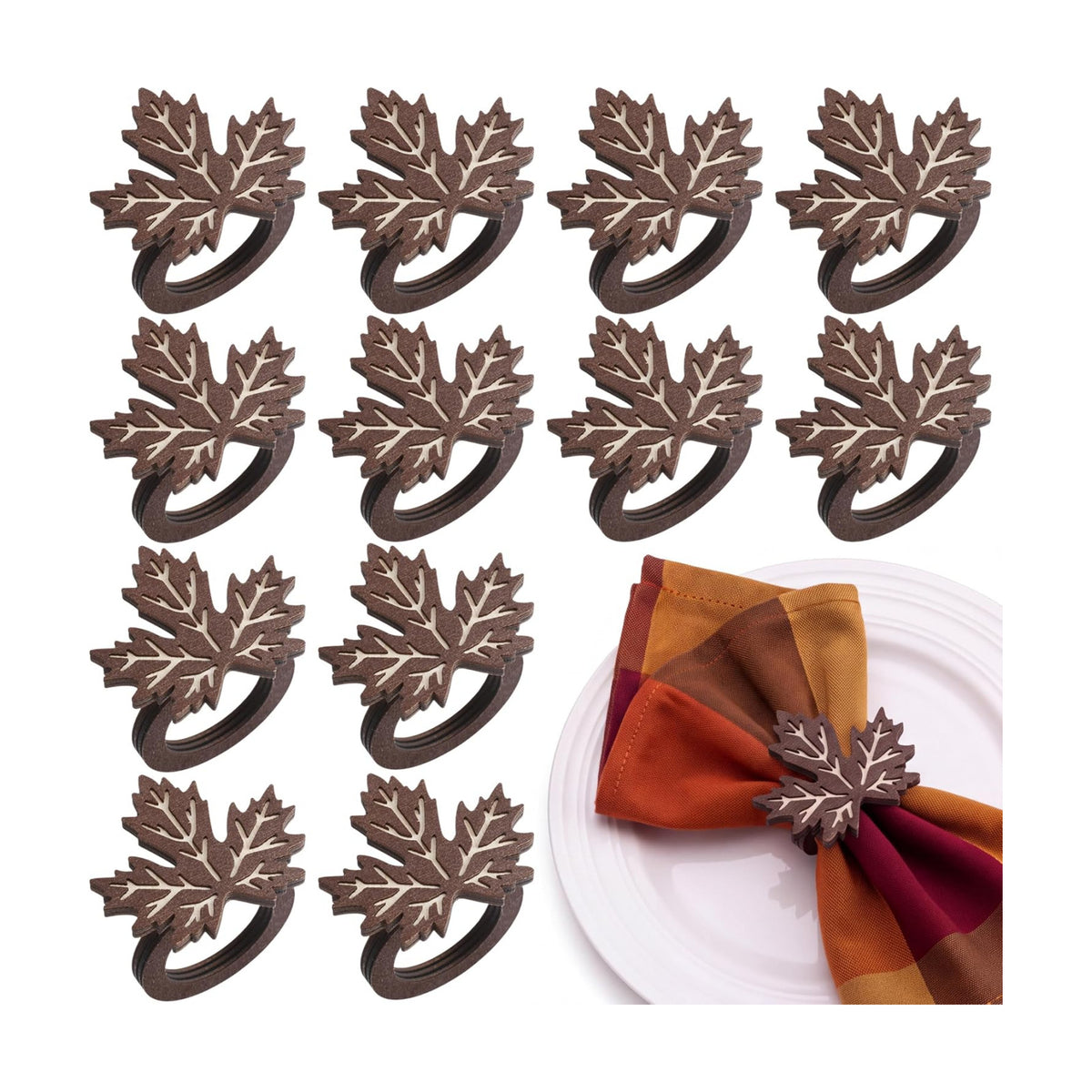 Roshtia 12 Pcs Wooden Fall Napkin Rings Thanksgiving, Maple Leaf