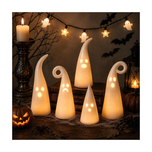 Parsin 5 PCS Ceramic Ghost Light Up Decor, Cute Halloween Decor