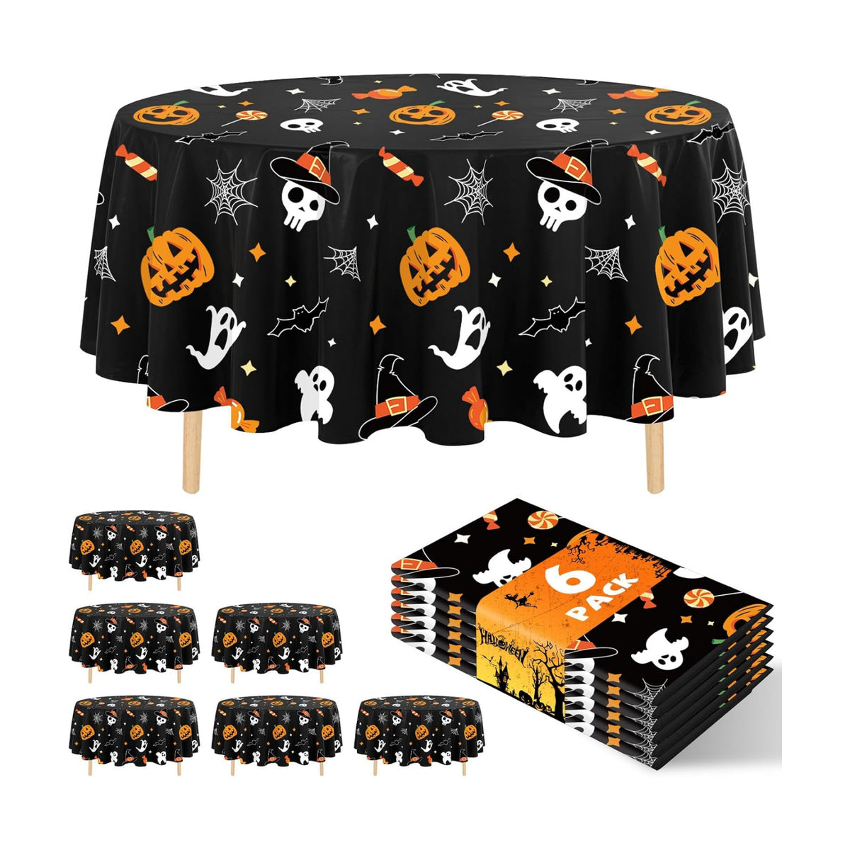6 Pack Halloween Tablecloth, 84" Round Plastic Pumpkin Ghost Table Cloth Large Size Round Halloween Table Covers for Home Decor Halloween Party Decorations