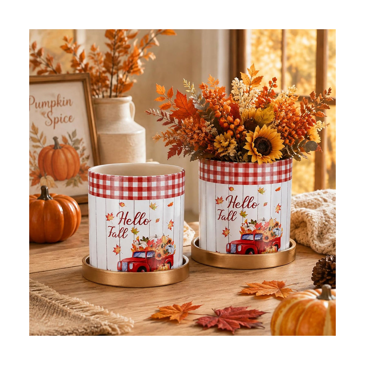 2 Pack Mini Fall Planter 4.3" Ceramic Hello Fall Succulents Pots with Tray