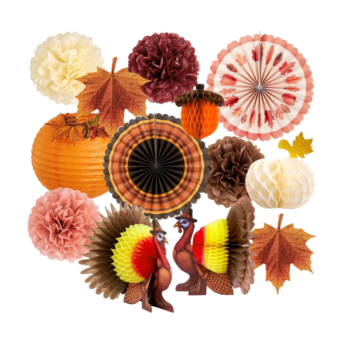 SUNBEAUTY Fall Thanksgiving Decoration Honeycomb Turkey Pumpkin Table Decor Paper Pom Poms Pumpkin Lantern Maple Leaf Garland for Fall Friendsgiving Thanksgiving Autumn Harvest Party Supplies