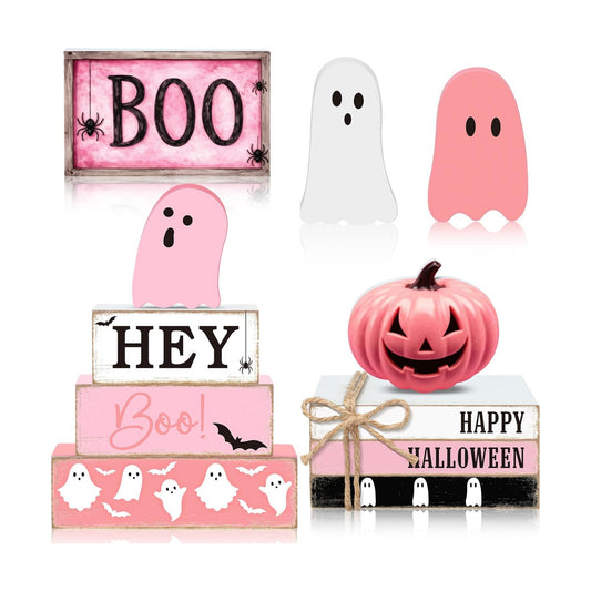 11 Pcs Halloween Table Decoration Pink Ghost Wooden Tiered Tray Decor Halloween Table Centerpiece Wooden Signs for Spooky Season Ghost Party Haunted Home Kitchen Shelf