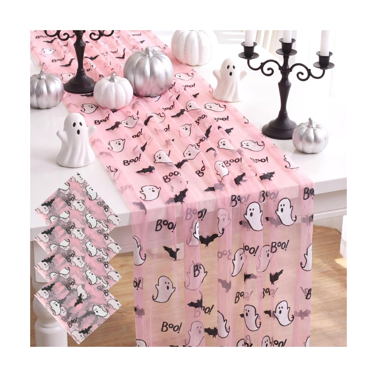 4 Pcs Pink Halloween Table Runners 29 x 70 in Ghosts Bats Party Decor