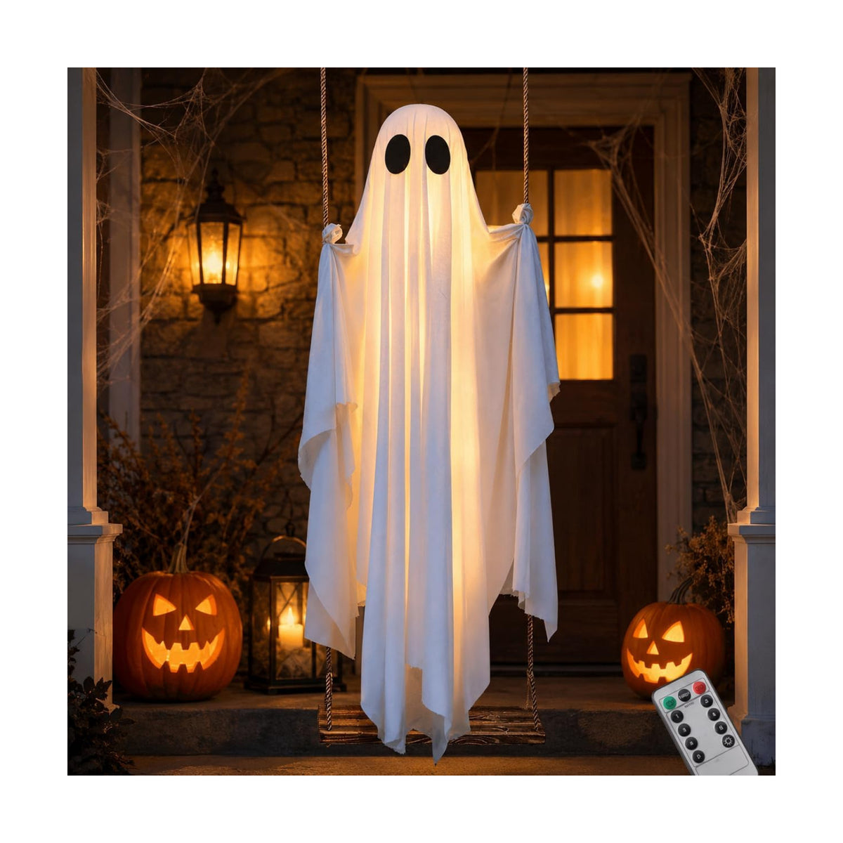 Halloween Hanging Swinging Ghost, Light Up Ghost Porch Decor with IP65 Remote String Lights, Halloween Outdoor Spooky Ghosts Decoration for Front Porch Tree Yard Entryway
