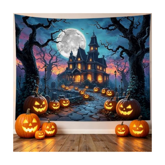 LB Spooky Halloween Tapestry Horror Pumpkin Ghost Castle Wall Tapestry Black Dead Tree Bat Moon Night Tapestries Wall Hanging for Bedroom Living Room Dorm Decor, 59Wx51H inches