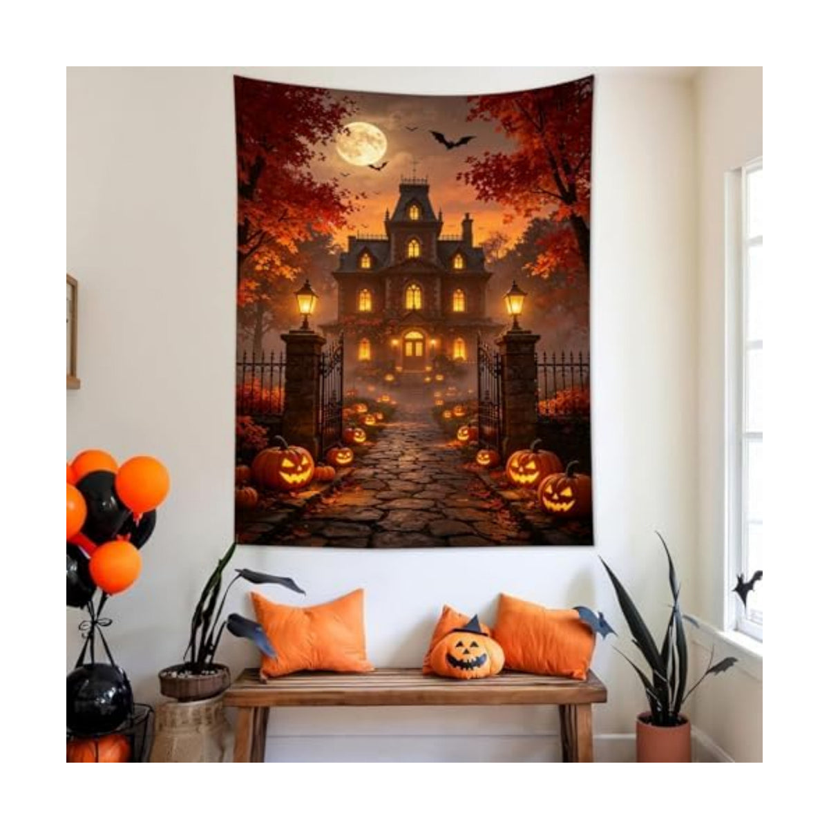 LB Fall Halloween Tapestry Horror Pumpkin Haunted House Wall Tapestry Red Maple Tree Black Bat Night Moon Tapestries Wall Hanging for Bedroom Living Room Dorm Decor, 51Wx59H inches