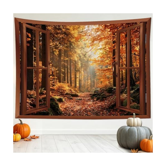 LB Fall Forest Tapestry for Bedroom, Autumn Maple Tree Outside Brown Window Wall Tapestry, Rustic Nature Landscape Extra Large Tapestries Wall Hanging for Living Room Dorm Decor, 92Wx70.5H inches