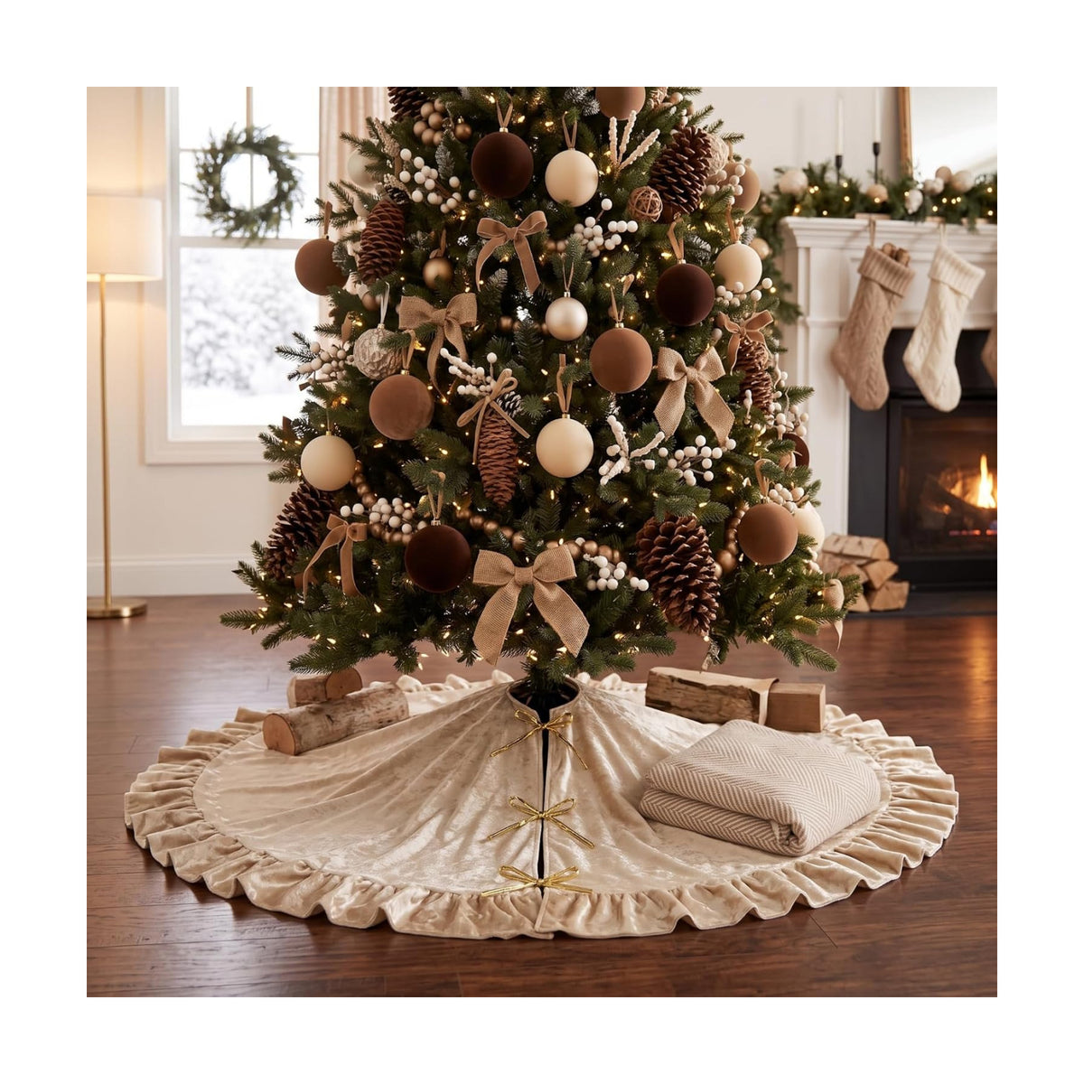 Velvet Christmas Tree Skirt, 60 Inches, Bow Style, Khaki
