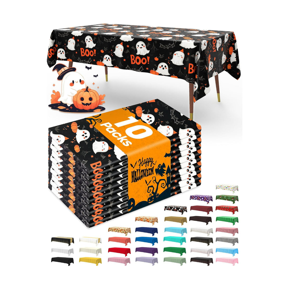 Pureegg Plastic Table Cloth Disposable 54x108 Inch 10 Pack Halloween Black
