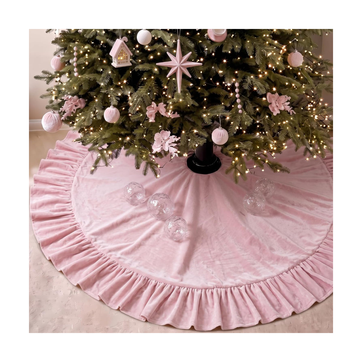 Velvet Christmas Tree Skirt, 60 Inches, Bow Style, Pink