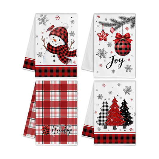 Hexagram Christmas Kitchen Towels, Red Plaid Christmas Hand Towels Set of 4