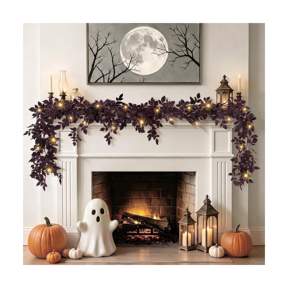 6Ft Plum Fall Garland for Mantle with Lights, Fall Decorations for Home