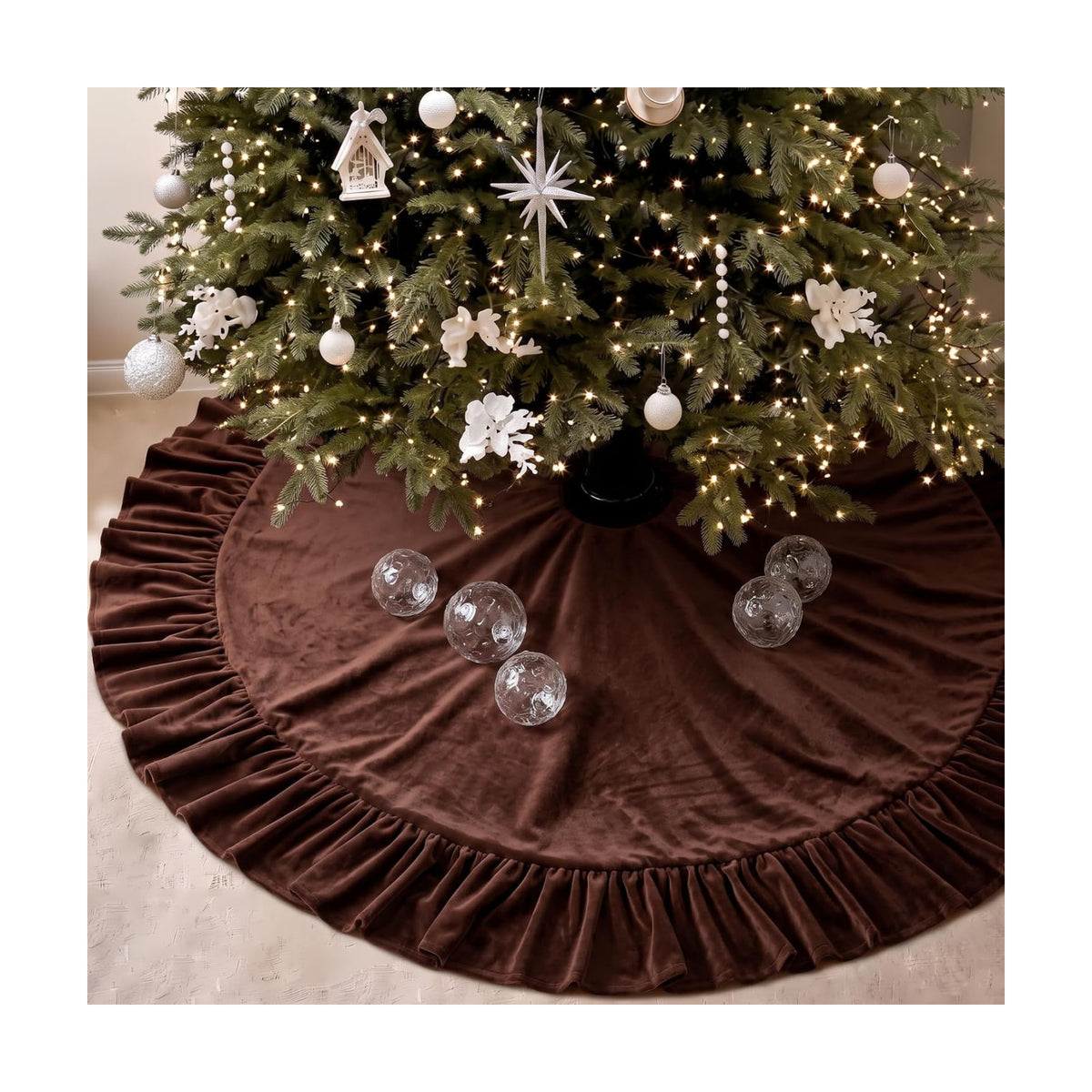 Velvet Christmas Tree Skirt, 60 Inches, Bow Style, Brown