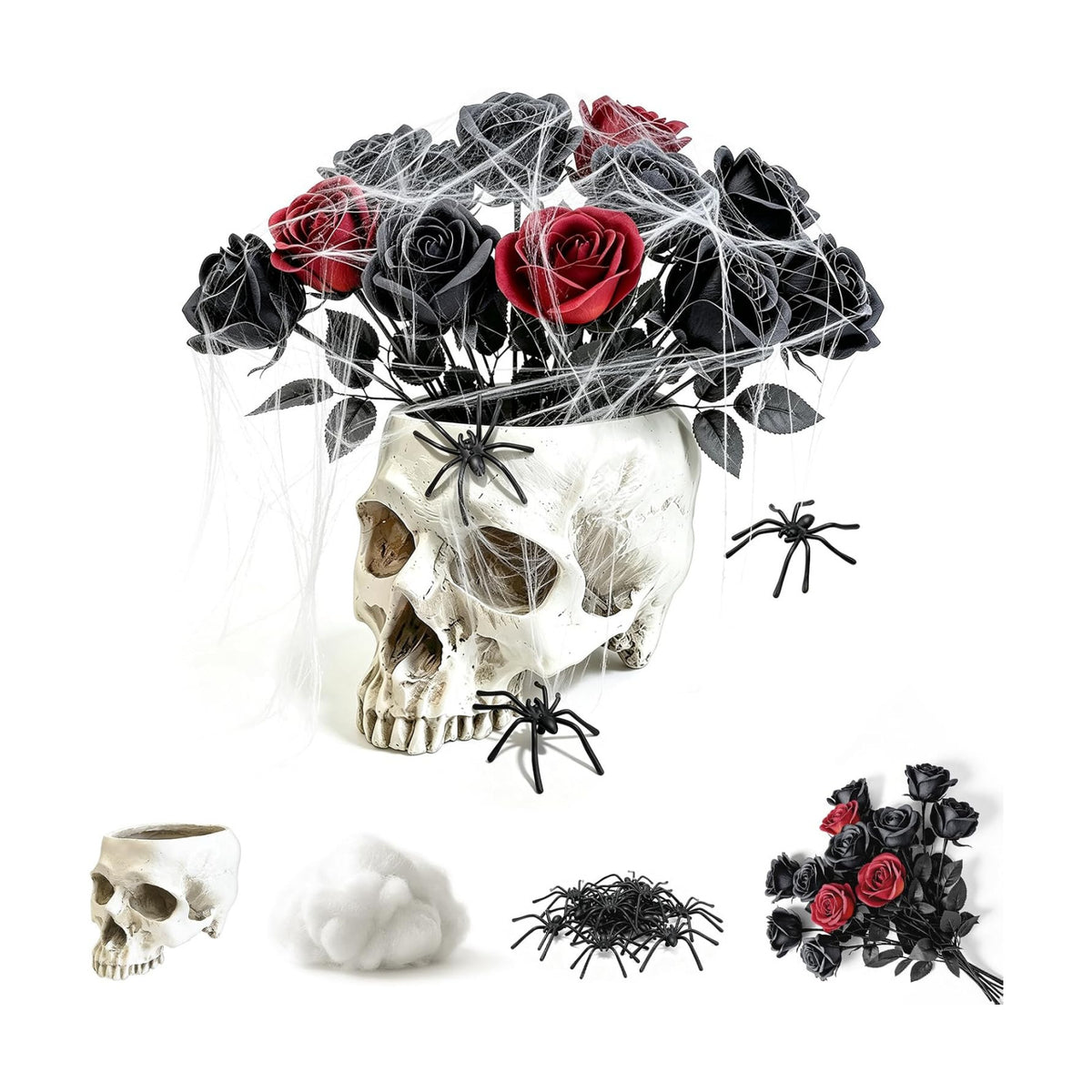 4 in 1 Gothic Halloween Skull Planter Centerpiece Table Decor Set