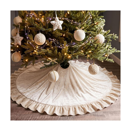 Velvet Christmas Tree Skirt, 36 Inches, Bow Style, Ivory White