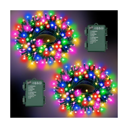 Christmas Lights Indoor Battery Operated String Lights Total 100LED 33Ft with Timer 8 Modes 16.4Ft*2 Waterproof Outdoor Indoor for Christmas Decor, Multicolor, 2-Pack