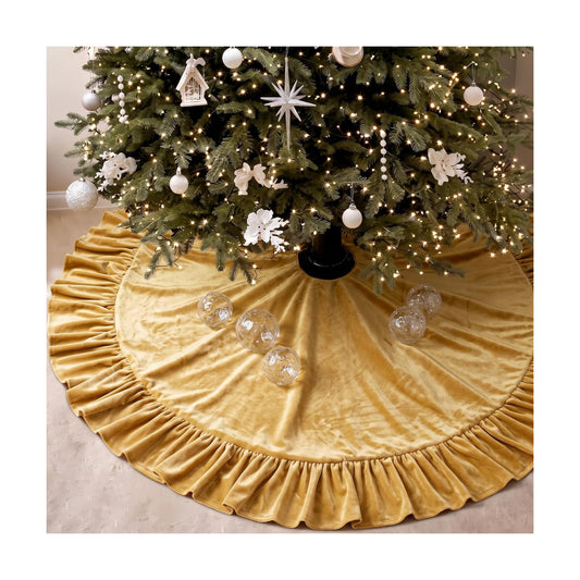 Velvet Christmas Tree Skirt, 60 Inches, Bow Style, Gold