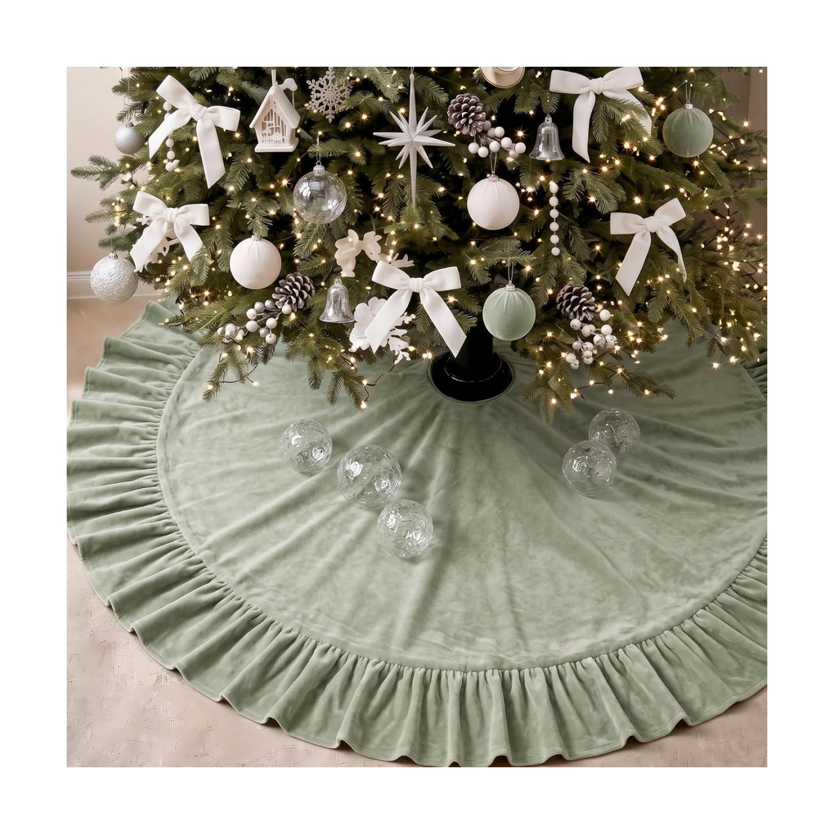 Velvet Christmas Tree Skirt, 60 Inches, Bow Style, Sage Green