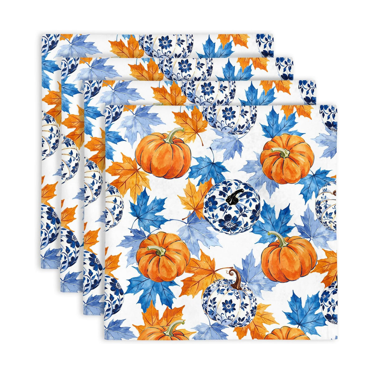 Fall Pumpkin Cloth Napkins Set of 4, Blue White Chinoiserie Dinner Napkins 18x18 Inch, Reusable Fabric Napkins with Maple Leaves for Thanksgiving Table Decor, Autumn Farmhouse Table Setting