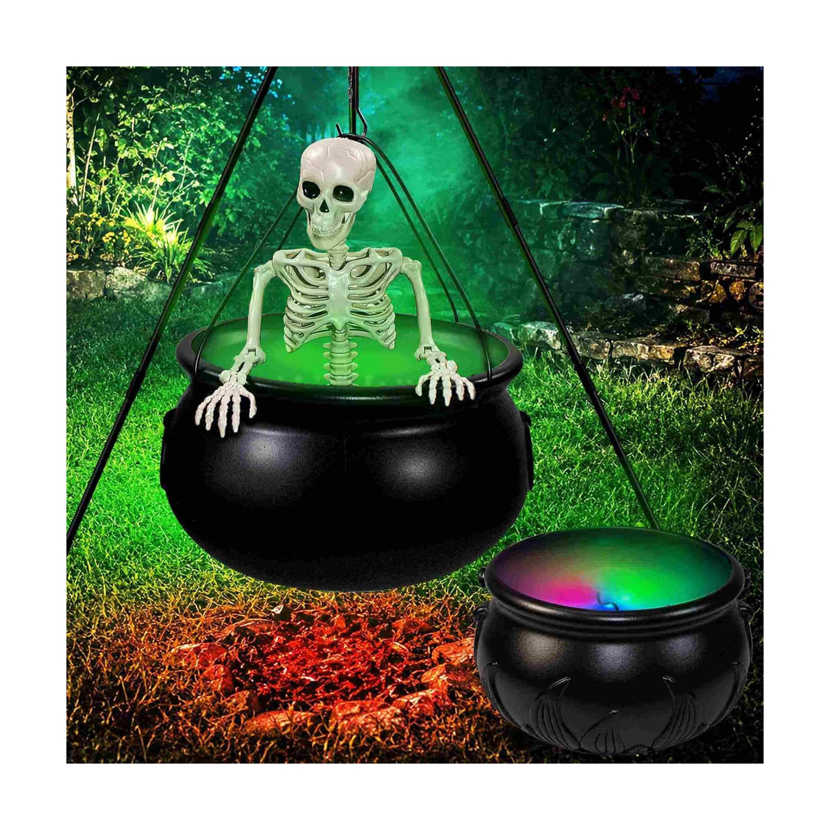 Halloween Decorations Outdoor, 2 Pack Witches Cauldron Set with Fog Effect, Skeleton and Green Lights, Halloween Witch Cauldron Decor with Tripod Stand for Outdoor Porch Yard Lawn Party