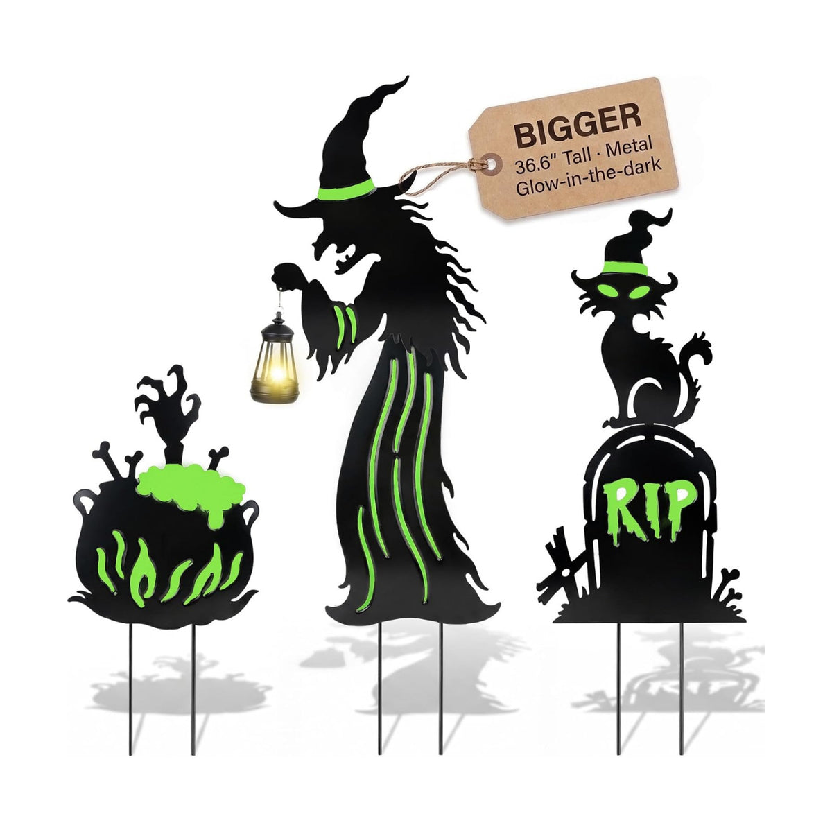 Halloween Decorations Outdoor - 3 Pack Metal Witch Yard Stakes with Solar Lantern, Glow in The Dark Tombstone, Black Cat & Cauldron for Garden Yard Lawn Porch Decor