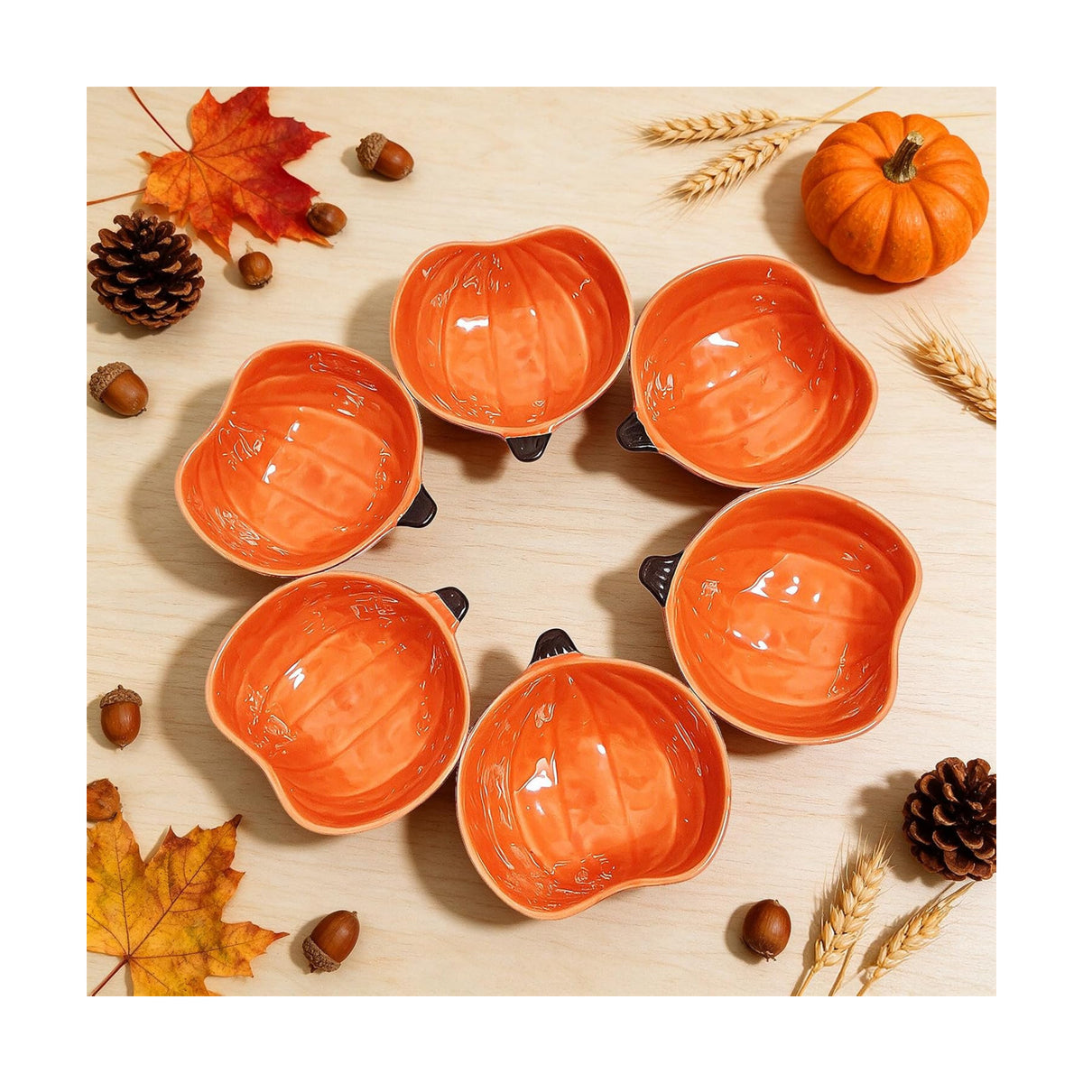 Orange Pumpkin Bowls,Set of 6, 6 oz Pumpkin Shaped Bowl Ceramic Ramekins