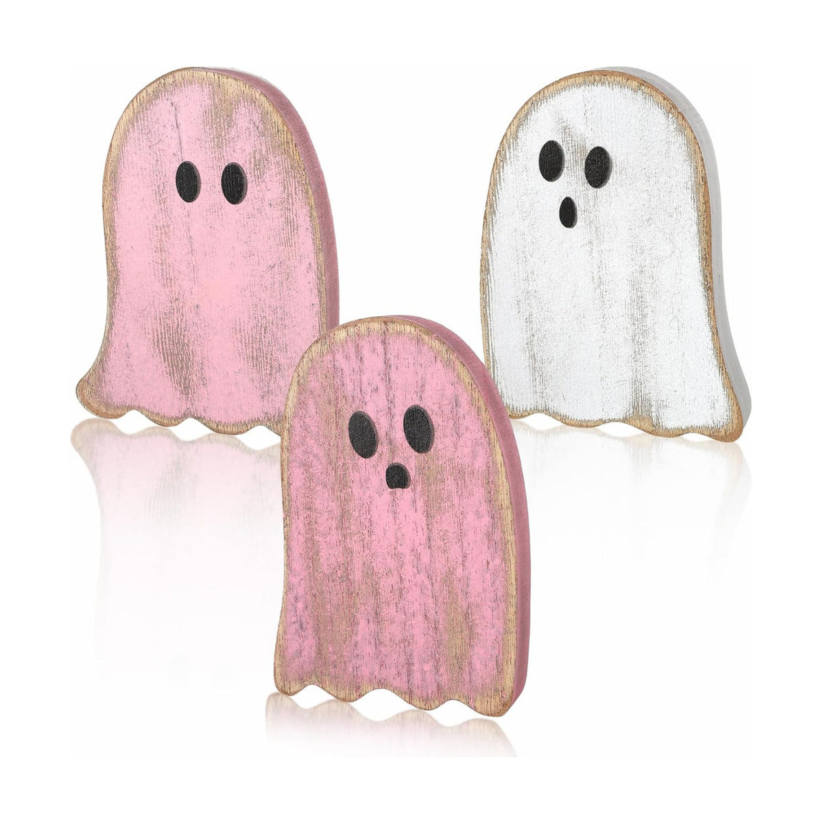 3Pcs Halloween Table Decorations Indoor, Farmhouse Halloween Cute Ghost Decorations, Rustic Ghost Table Centerpieces Signs Tiered Tray Decor for Home Mantel Shelf Office Party Supplies (Pink)