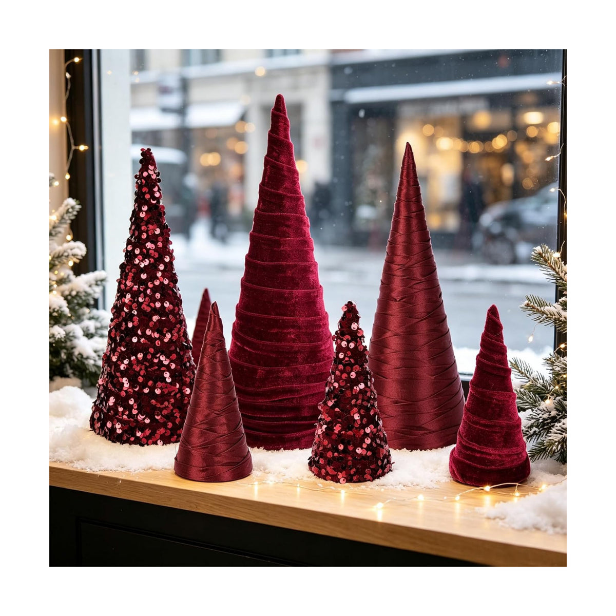 6 PCS 12" 10" 6" Burgundy Christmas Velvet Cone Tree Decorations Christmas Glitter Tree Farmhouse Tree Tiered Tray Ornament for Xmas Winter Home Holiday Rustic Fireplace Shelf Tabletop Tree Decor