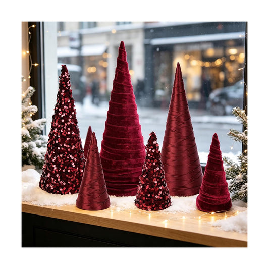 6 PCS 12" 10" 6" Burgundy Christmas Velvet Cone Tree Decorations Christmas Glitter Tree Farmhouse Tree Tiered Tray Ornament for Xmas Winter Home Holiday Rustic Fireplace Shelf Tabletop Tree Decor
