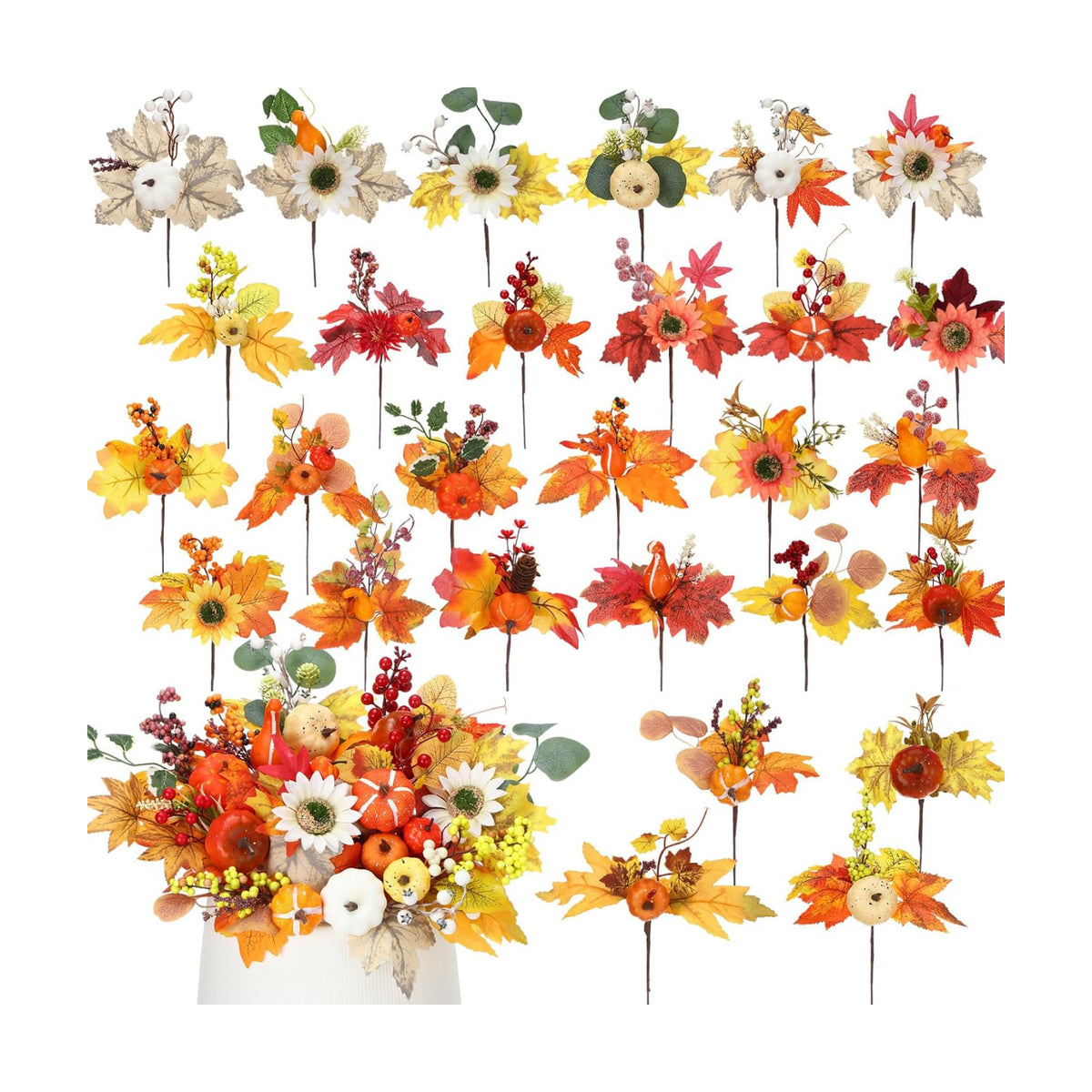 28 Pcs Fall Flower Pick, Artificial Floral Leaf Stem, 12 Inch, Maple Leaf