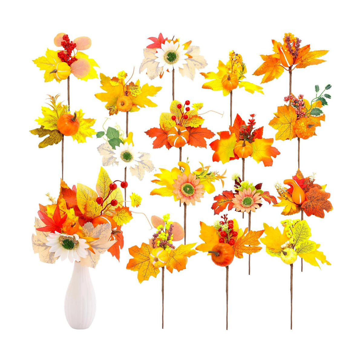 16 Pcs Fall Flower Pick, Artificial Floral Leaf Stem, 12 Inch, Pumpkin
